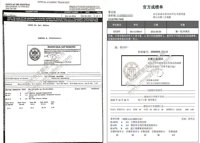 中譯杭州翻譯公司證件翻譯部美國南加利福尼亞大學成績單翻譯件模板.jpg