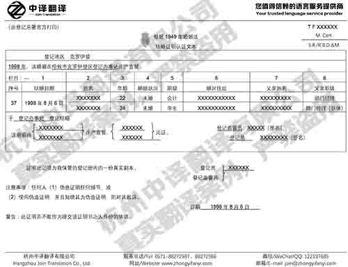 杭州中譯翻譯英國結婚證英語翻譯件模板