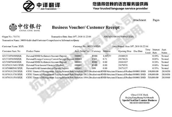 杭州中譯翻譯公司中信銀行業務憑證（客戶回單）翻譯件模板