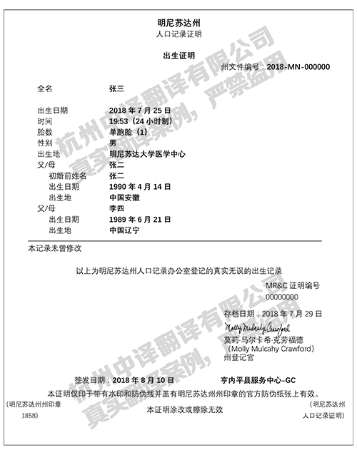 美國(guó)明尼蘇達(dá)出生證明翻譯模板